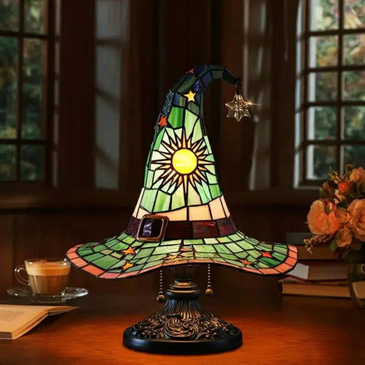 Hexenhut-Tischlampe aus Buntglas