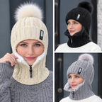 Strickmütze mit Schal und Fellbommel – Winddicht
