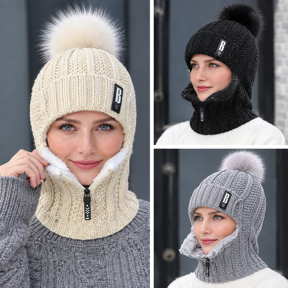 Strickmütze mit Schal und Fellbommel – Winddicht