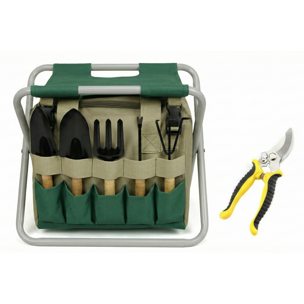 Garten-Werkzeug-Set mit Klapphocker – 7 Edelstahl-Geräte, ergonomisch