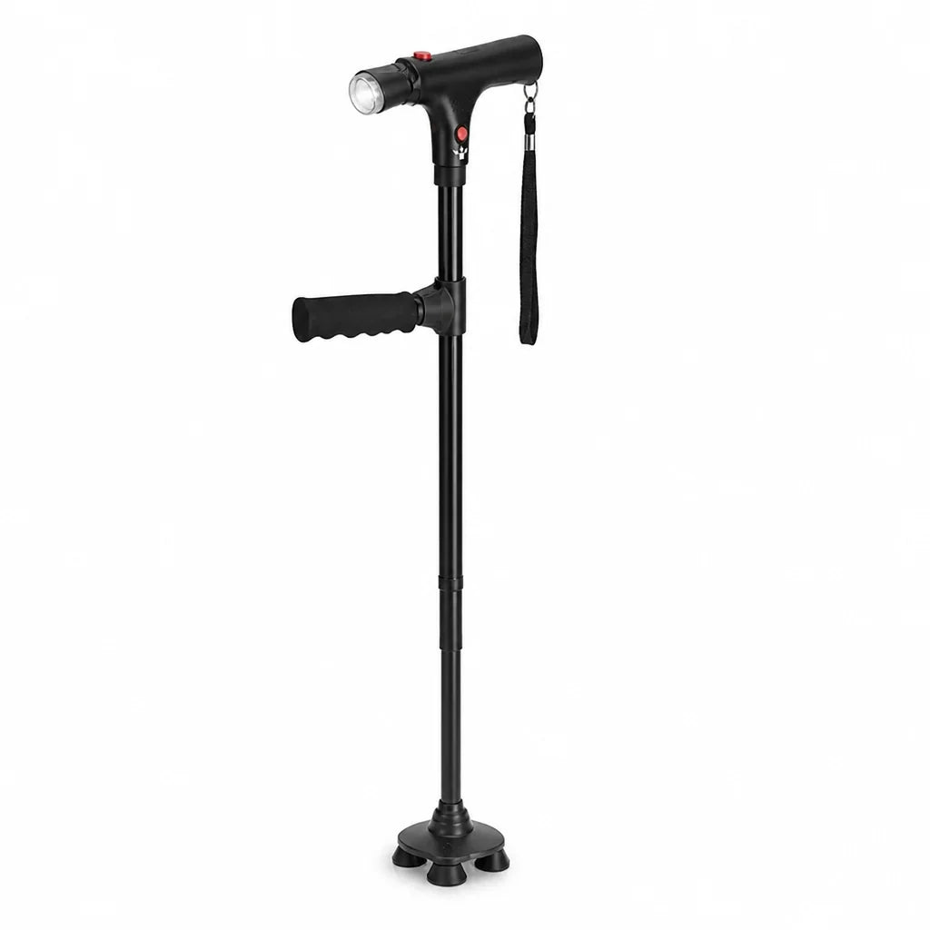 Gehstock mit Vierfuß, LED-Licht und Alarmtaste, faltbar und höhenverstellbar, Aluminium