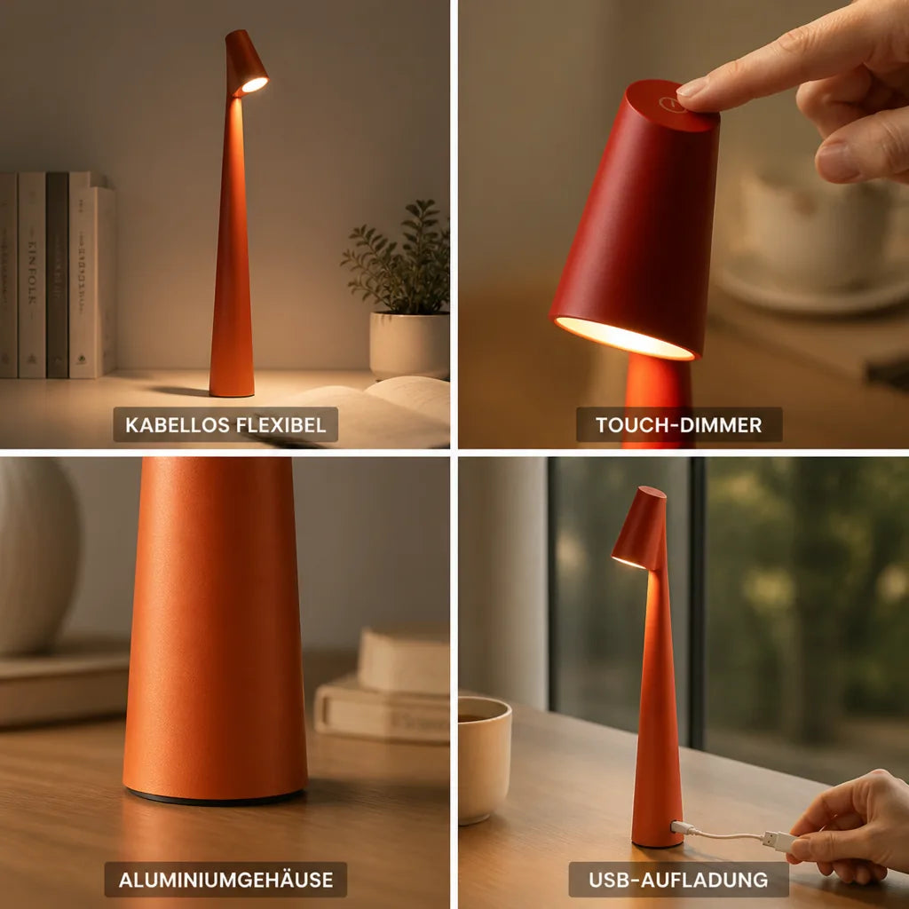Akku-Tischlampe aus Aluminium, kabellos mit 3-stufigem Touch-Dimmer und USB-Aufladung