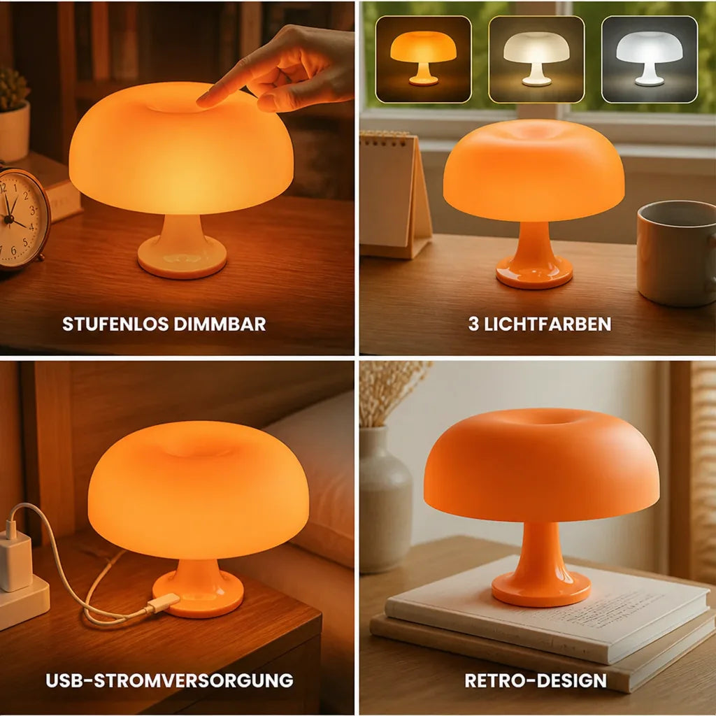 Pilz-Tischleuchte, dimmbar mit drei Lichtfarben, USB, Retro-Design
