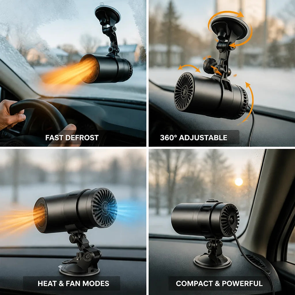 Auto Heizlüfter und Frontscheiben-Entfroster, 12 V, 150 W, mit 360 Grad verstellbarer Halterung