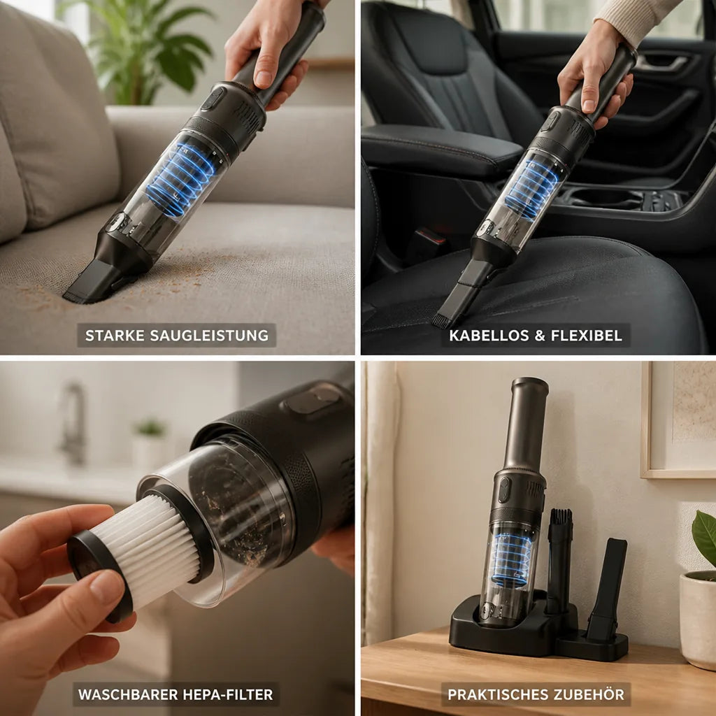 Handstaubsauger kabellos mit 16.000 Pa Saugleistung und HEPA-Filter, 140 W