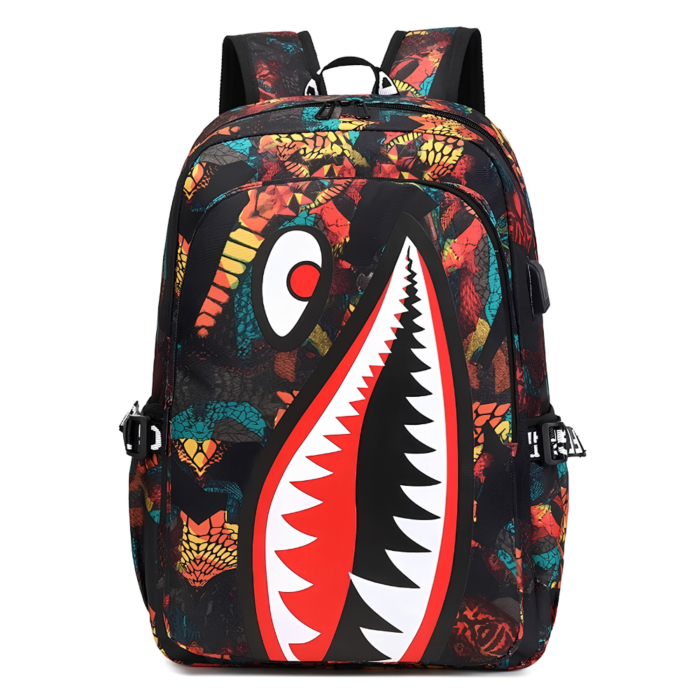Kinder-Rucksack mit Hai-Motiv und USB-Anschluss