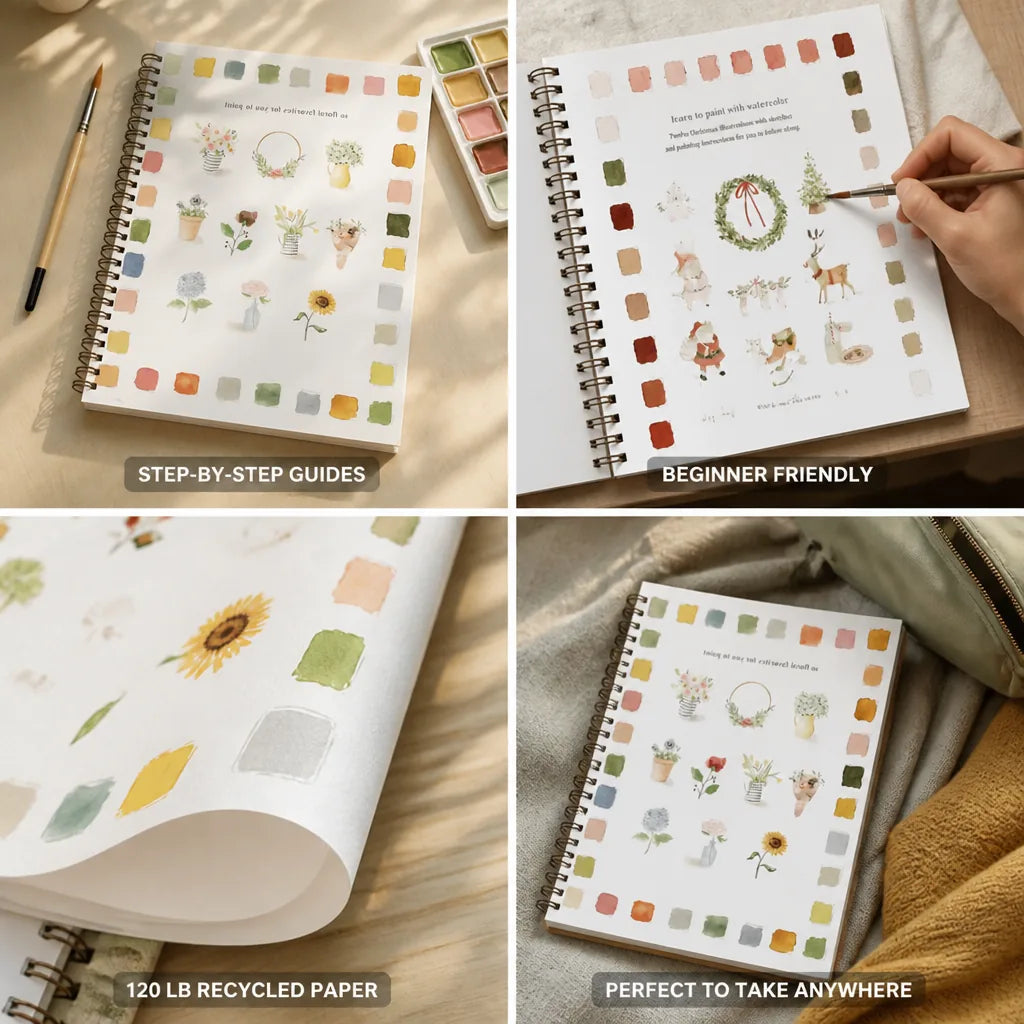 Aquarell-Malbuch für Anfänger mit 12 Motiven, Schritt-für-Schritt-Anleitungen, 120 lb Recyclingpapier