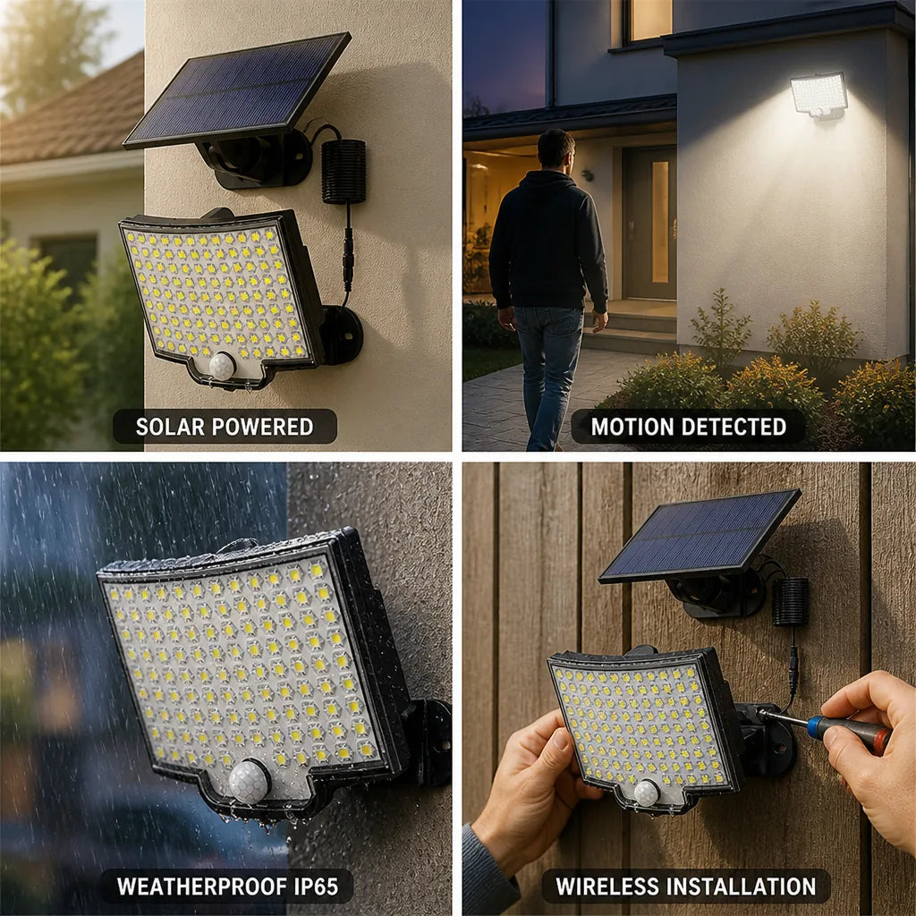 Solarleuchte mit Bewegungsmelder für außen, 106 LEDs, IP65, kabellose Montage
