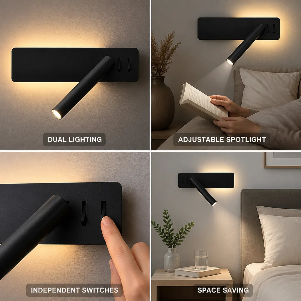 LED-Lesewandleuchte mit schwenkbarem Spot und Ambientelicht, Metall, 2 Schalter