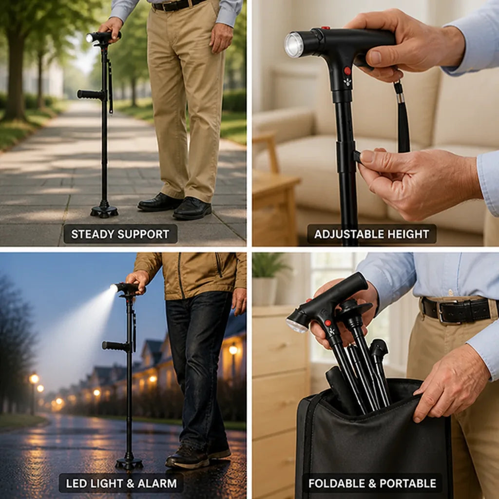 Gehstock mit Vierfuß, LED-Licht und Alarmtaste, faltbar und höhenverstellbar, Aluminium
