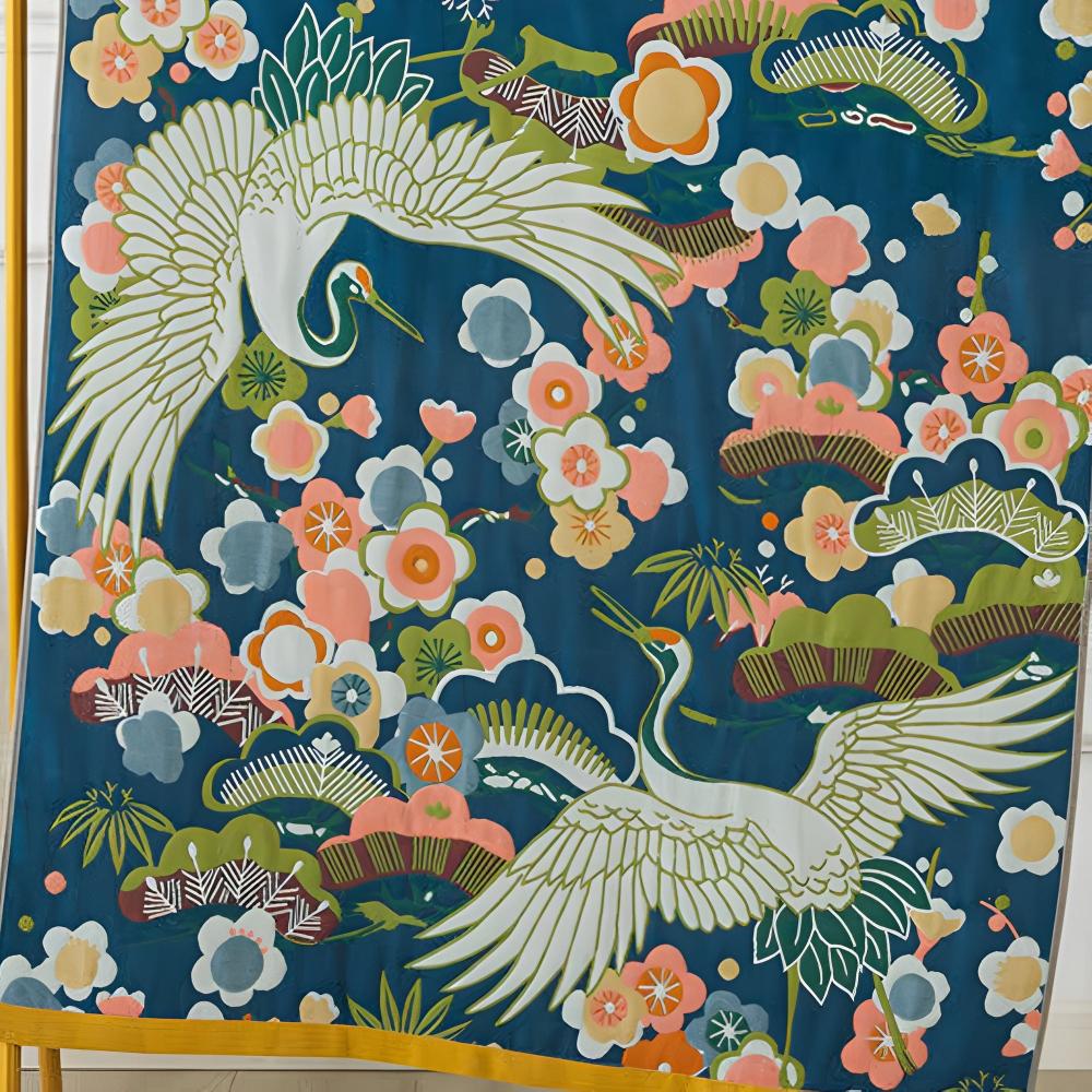 Handtuch mit Kranich-Muster und Blüten – Baumwolle, schnelltrocknend