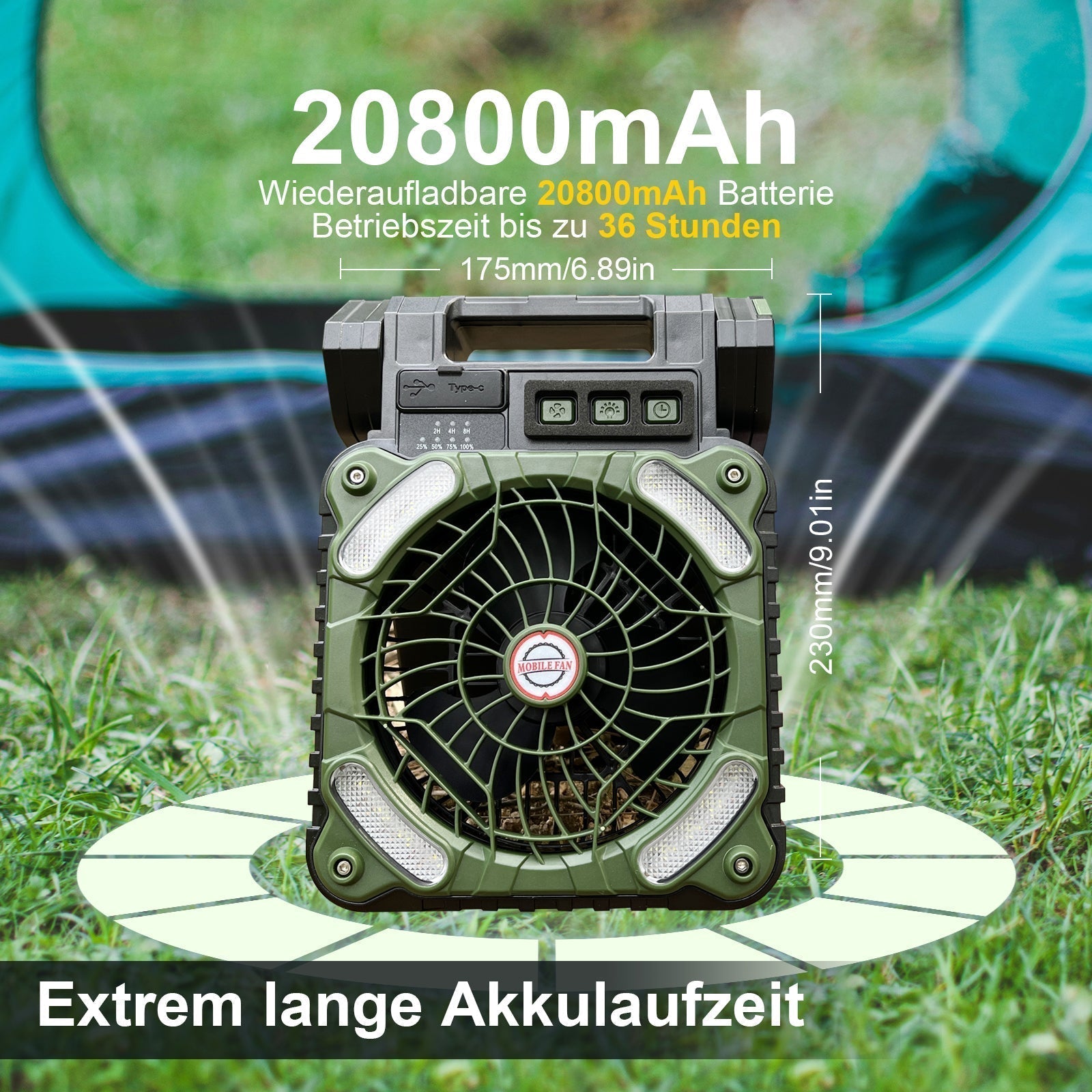 Solar-Ventilator mit Powerbank und LED-Beleuchtung