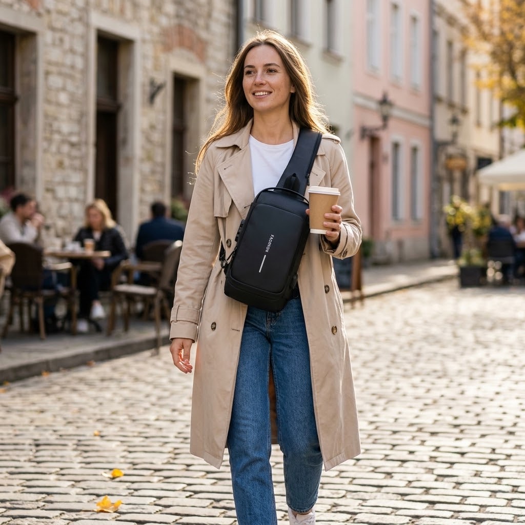 Sling Bag mit USB-Ladeanschluss aus Oxford-Gewebe