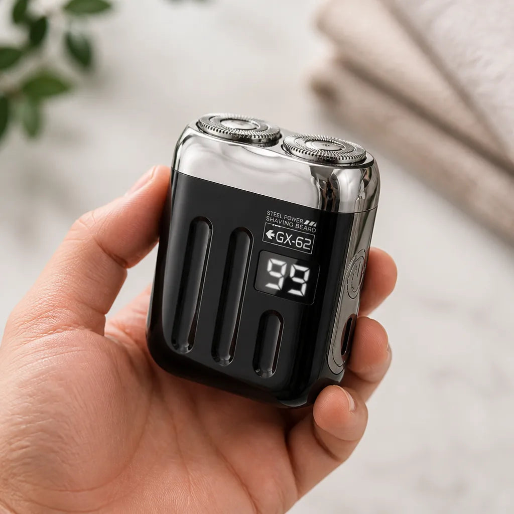Mini-Elektrorasierer mit zwei rotierenden Scherköpfen, kompakt, per USB aufladbar