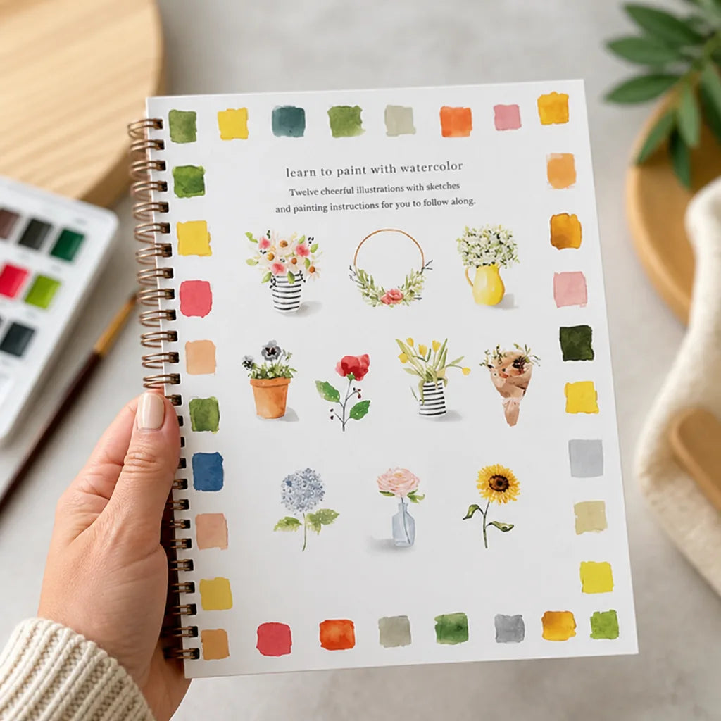 Aquarell-Malbuch für Anfänger mit 12 Motiven, Schritt-für-Schritt-Anleitungen, 120 lb Recyclingpapier