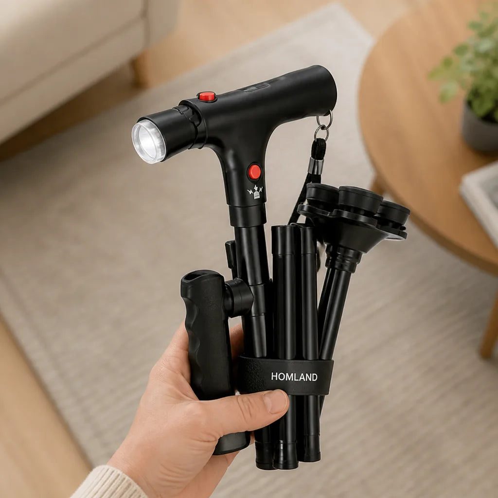 Gehstock mit Vierfuß, LED-Licht und Alarmtaste, faltbar und höhenverstellbar, Aluminium