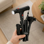 Gehstock mit Vierfuß, LED-Licht und Alarmtaste, faltbar und höhenverstellbar, Aluminium