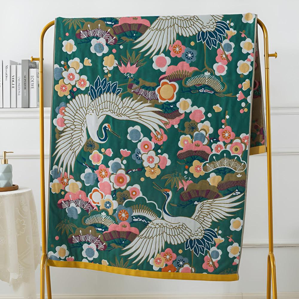 Handtuch mit Kranich-Muster und Blüten – Baumwolle, schnelltrocknend