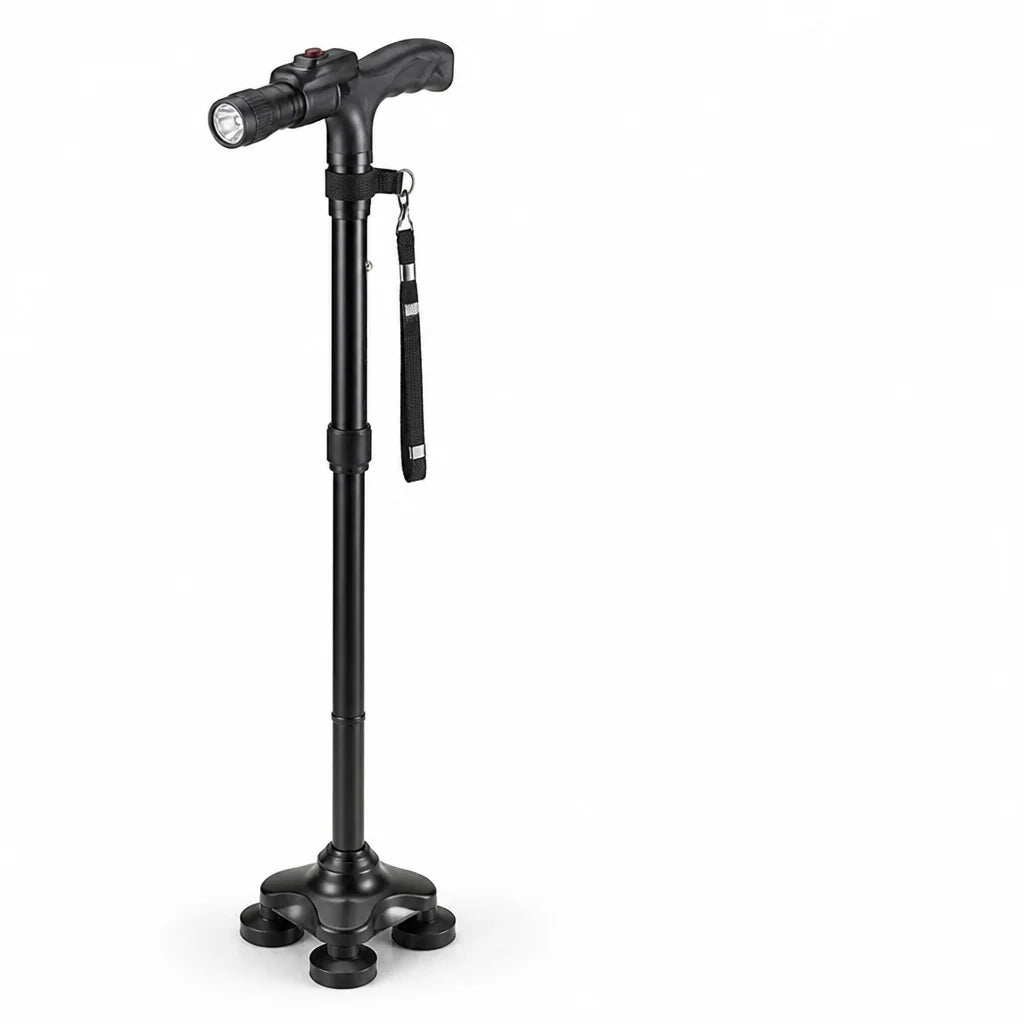 Gehstock mit Vierfuß, LED-Licht und Alarmtaste, faltbar und höhenverstellbar, Aluminium