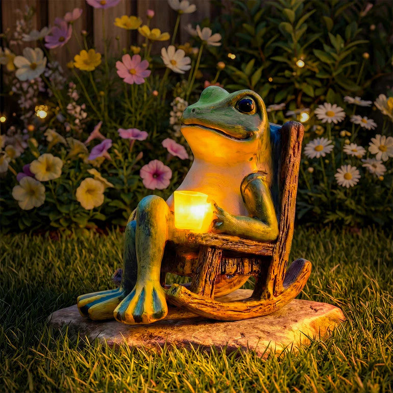 Solar-Gartenfigur Frosch auf Schaukelstuhl mit LED-Beleuchtung