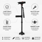 Gehstock mit Vierfuß, LED-Licht und Alarmtaste, faltbar und höhenverstellbar, Aluminium