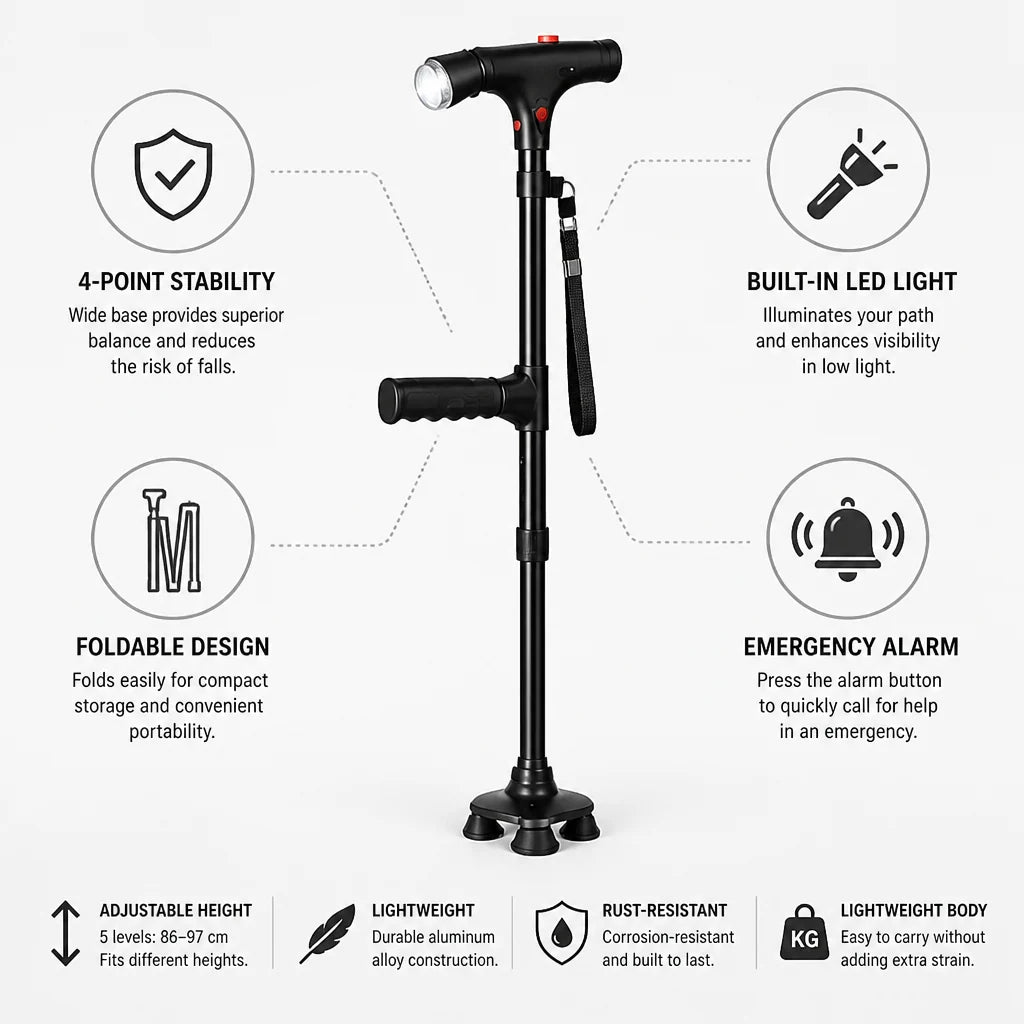 Gehstock mit Vierfuß, LED-Licht und Alarmtaste, faltbar und höhenverstellbar, Aluminium