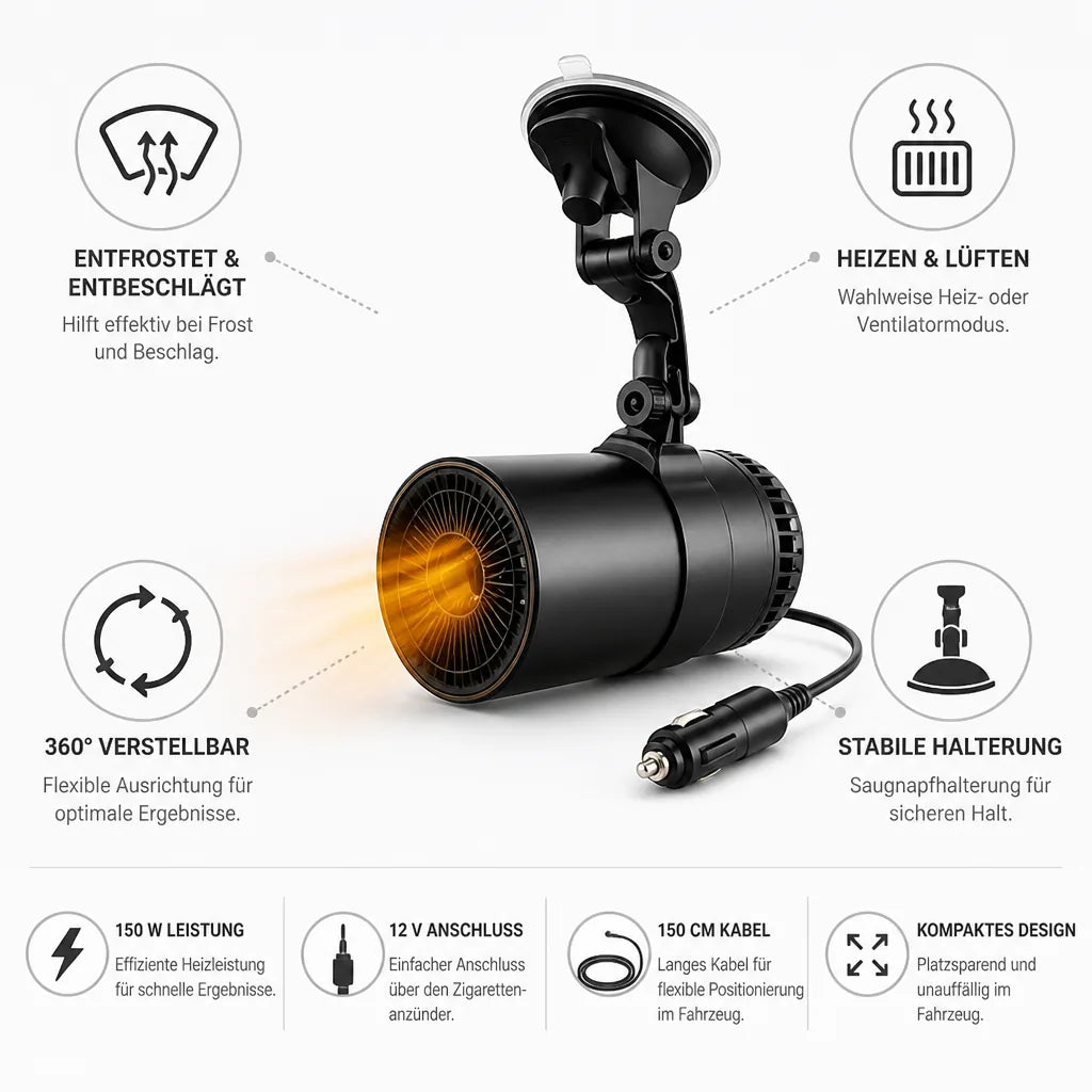 Auto Heizlüfter und Frontscheiben-Entfroster, 12 V, 150 W, mit 360 Grad verstellbarer Halterung