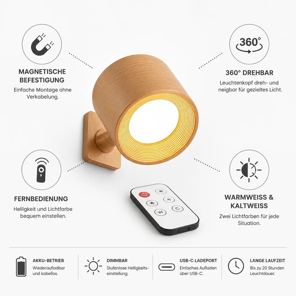 Kabellose Wandleuchte mit Magnetbefestigung, 360° drehbar, Fernbedienung, Warmweiß und Kaltweiß