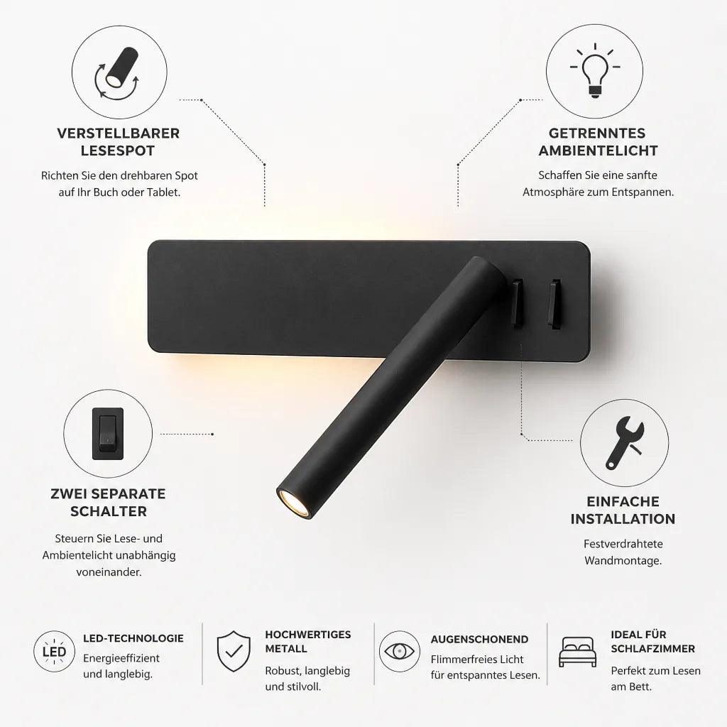 LED-Lesewandleuchte mit schwenkbarem Spot und Ambientelicht, Metall, 2 Schalter