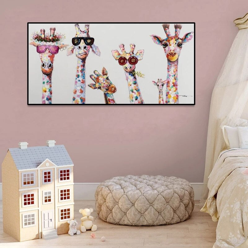 Wandbild Giraffen mit Sonnenbrille – Farbenfrohes Leinwanddruck