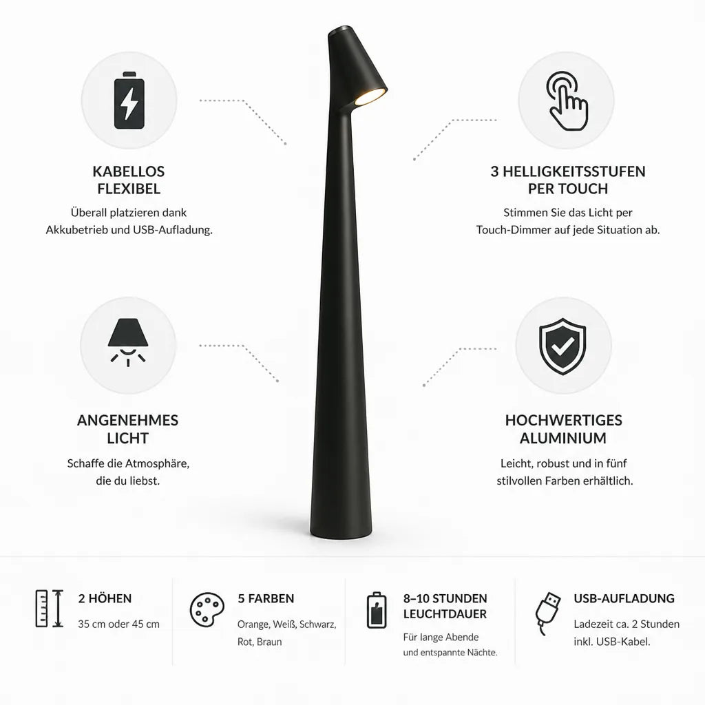 Akku-Tischlampe aus Aluminium, kabellos mit 3-stufigem Touch-Dimmer und USB-Aufladung