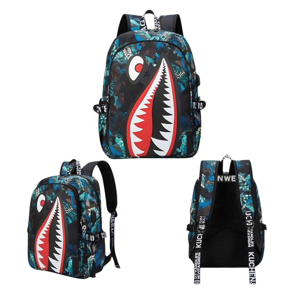 Kinder-Rucksack mit Hai-Motiv und USB-Anschluss