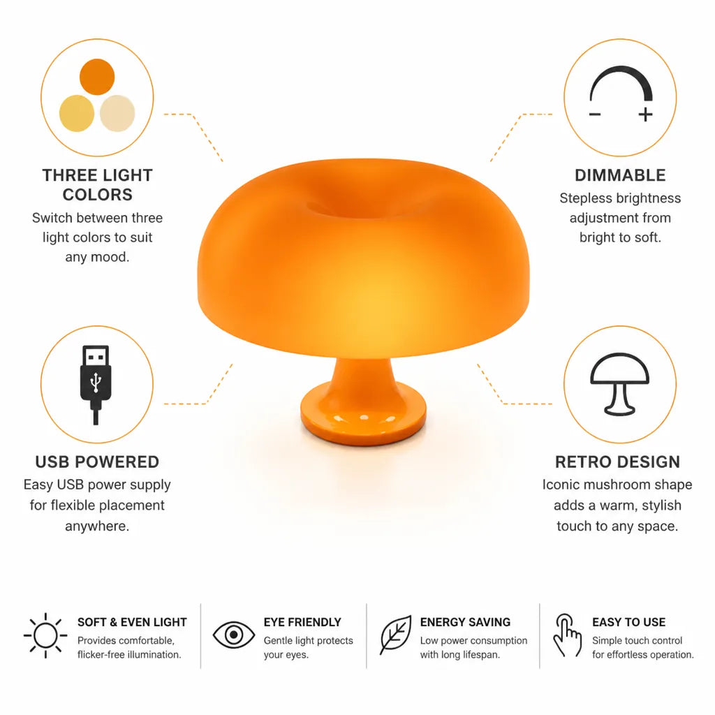 Pilz-Tischleuchte, dimmbar mit drei Lichtfarben, USB, Retro-Design