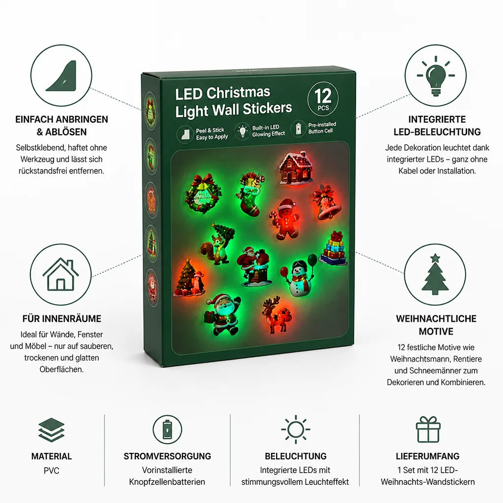 Weihnachts-Wandsticker mit integrierten LEDs, ablösbar, 12er-Set aus PVC, für Innenräume