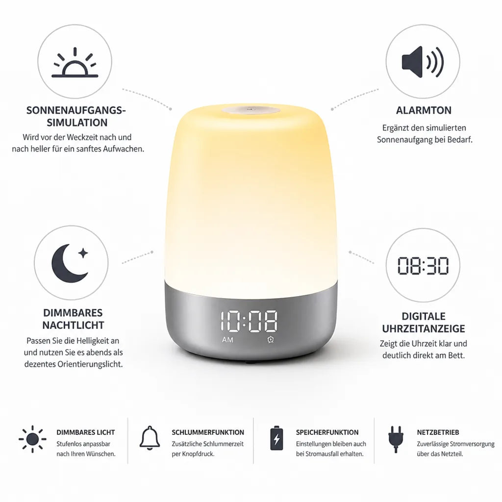 Lichtwecker mit Sonnenaufgangssimulation, dimmbares Nachtlicht und digitale Zeitanzeige