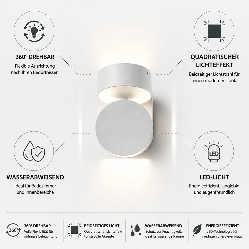 LED-Wandleuchte mit 360° drehbarem Licht und beidseitigem quadratischem Lichteffekt, wasserabweisend