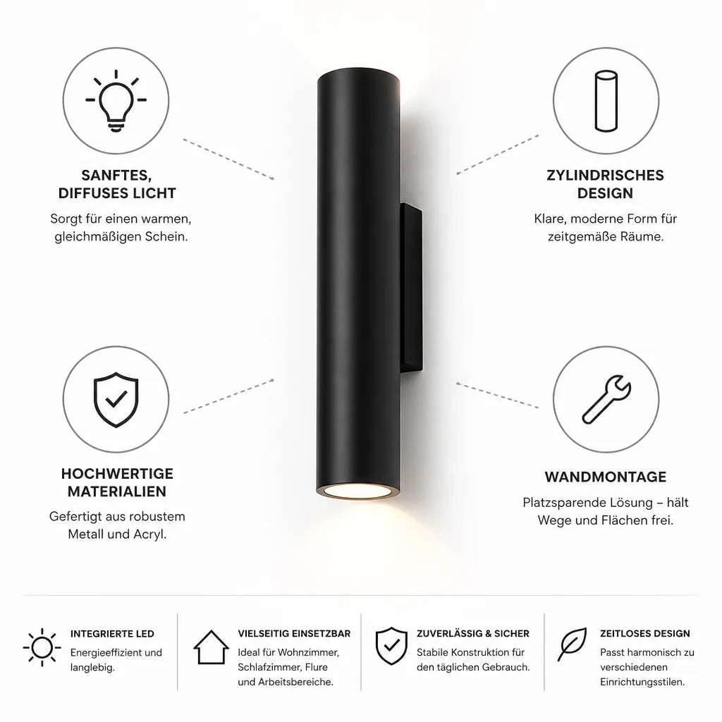 LED-Wandleuchte, zylindrisch mit diffusem Licht, Metall und Acryl