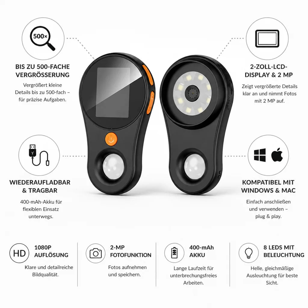 Digitales Handmikroskop mit 500-facher Vergrößerung, 2-Zoll-LCD und 2-MP-Fotofunktion
