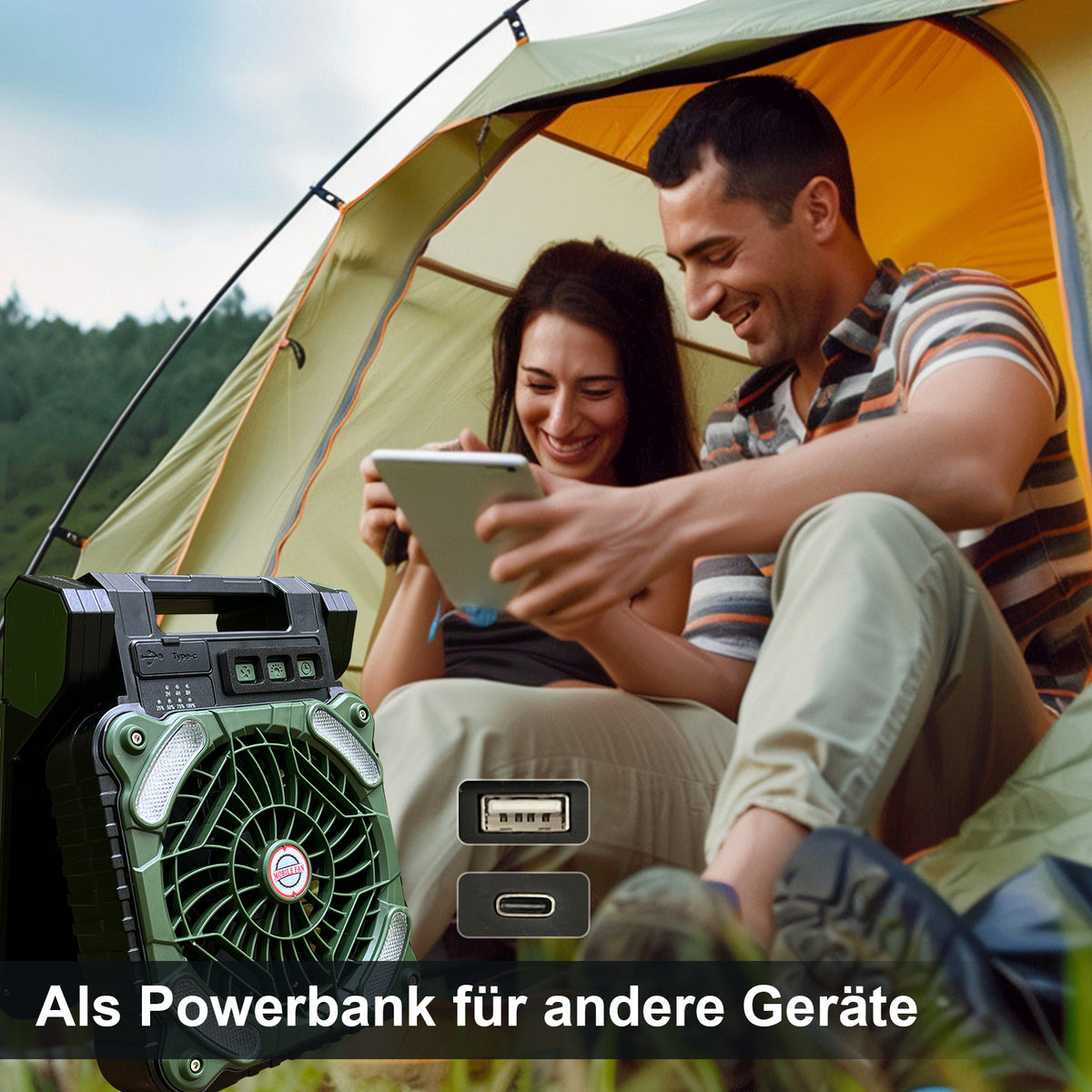 Solar-Ventilator mit Powerbank und LED-Beleuchtung