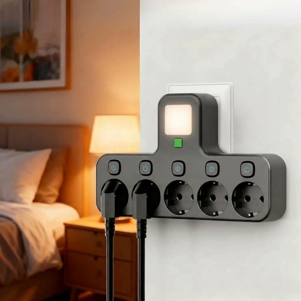Steckdosenadapter 5-fach mit Nachtlicht und Einzelschaltern