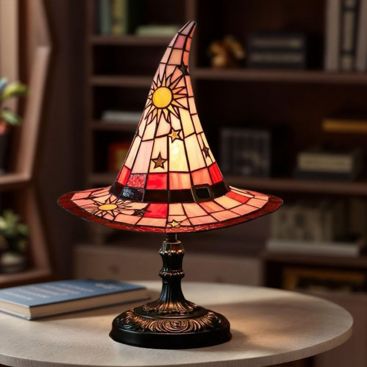 Hexenhut-Tischlampe aus Buntglas