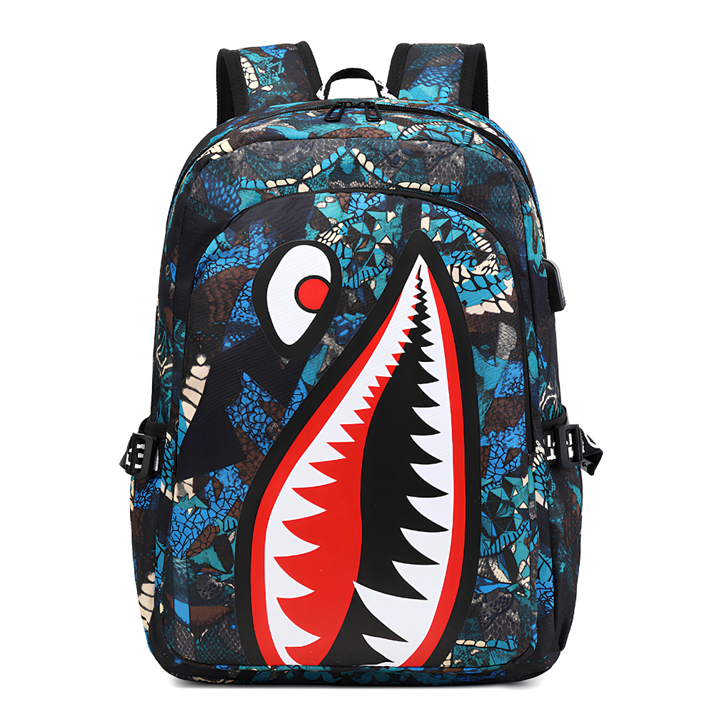 Kinder-Rucksack mit Hai-Motiv und USB-Anschluss