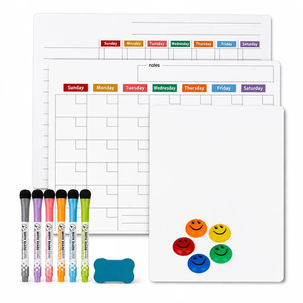 Magnetischer Kühlschrankplaner, Whiteboard-Set mit Monats- und Wochenplaner, Notiztafeln, 6 Markern
