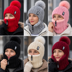 Strickmütze mit Schal und Fellbommel – Winddicht
