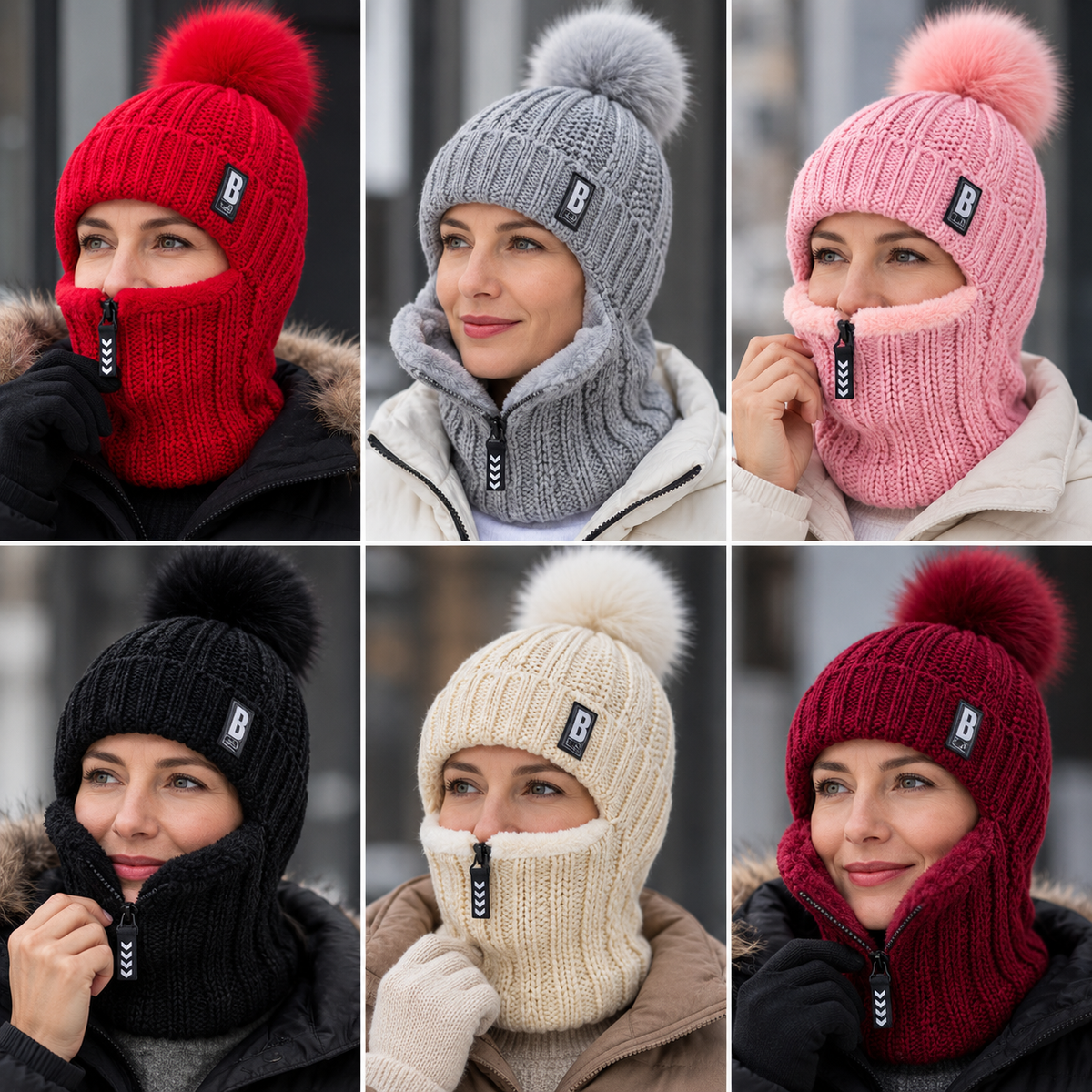 Strickmütze mit Schal und Fellbommel – Winddicht