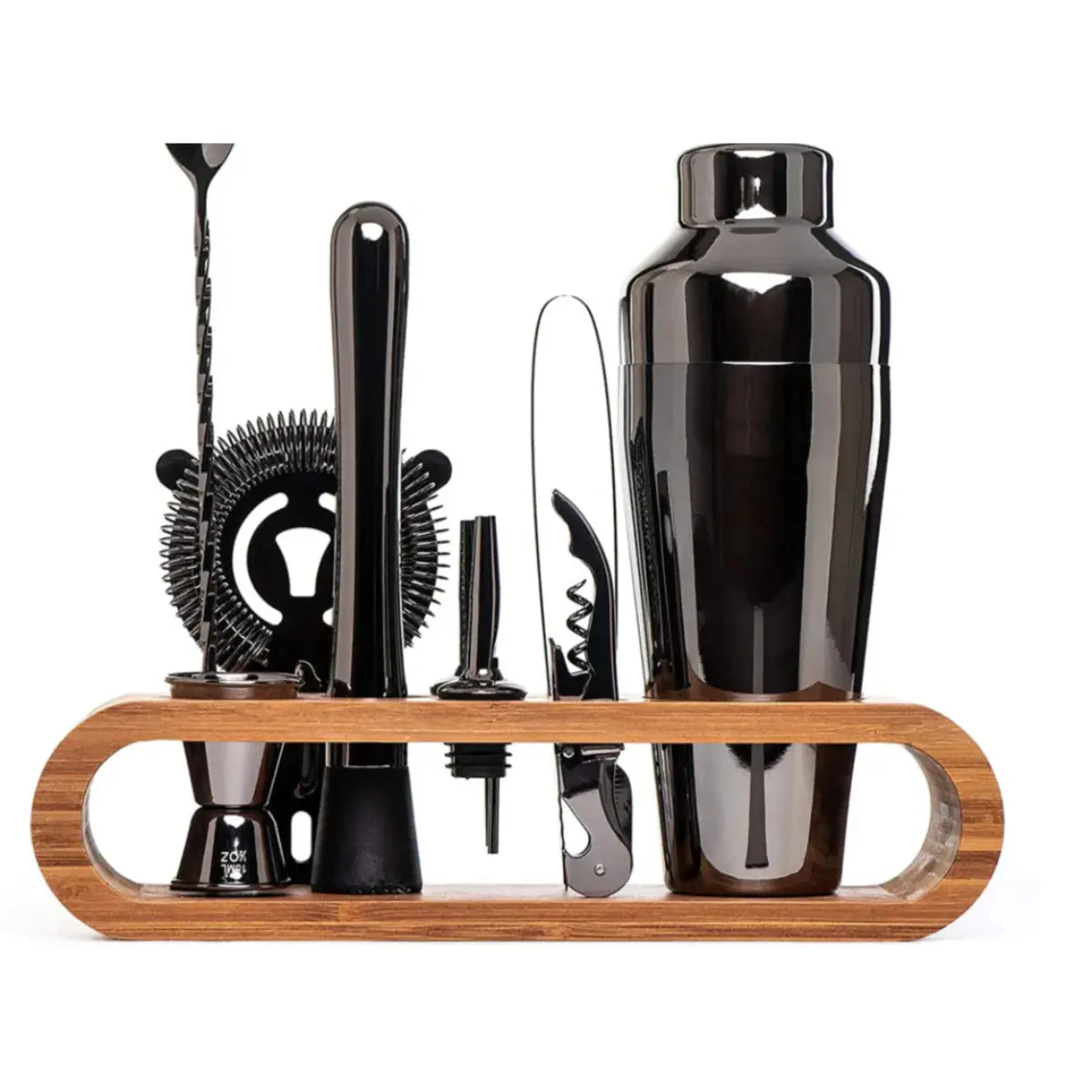 Cocktail-Set aus Edelstahl mit Bambus-Ständer