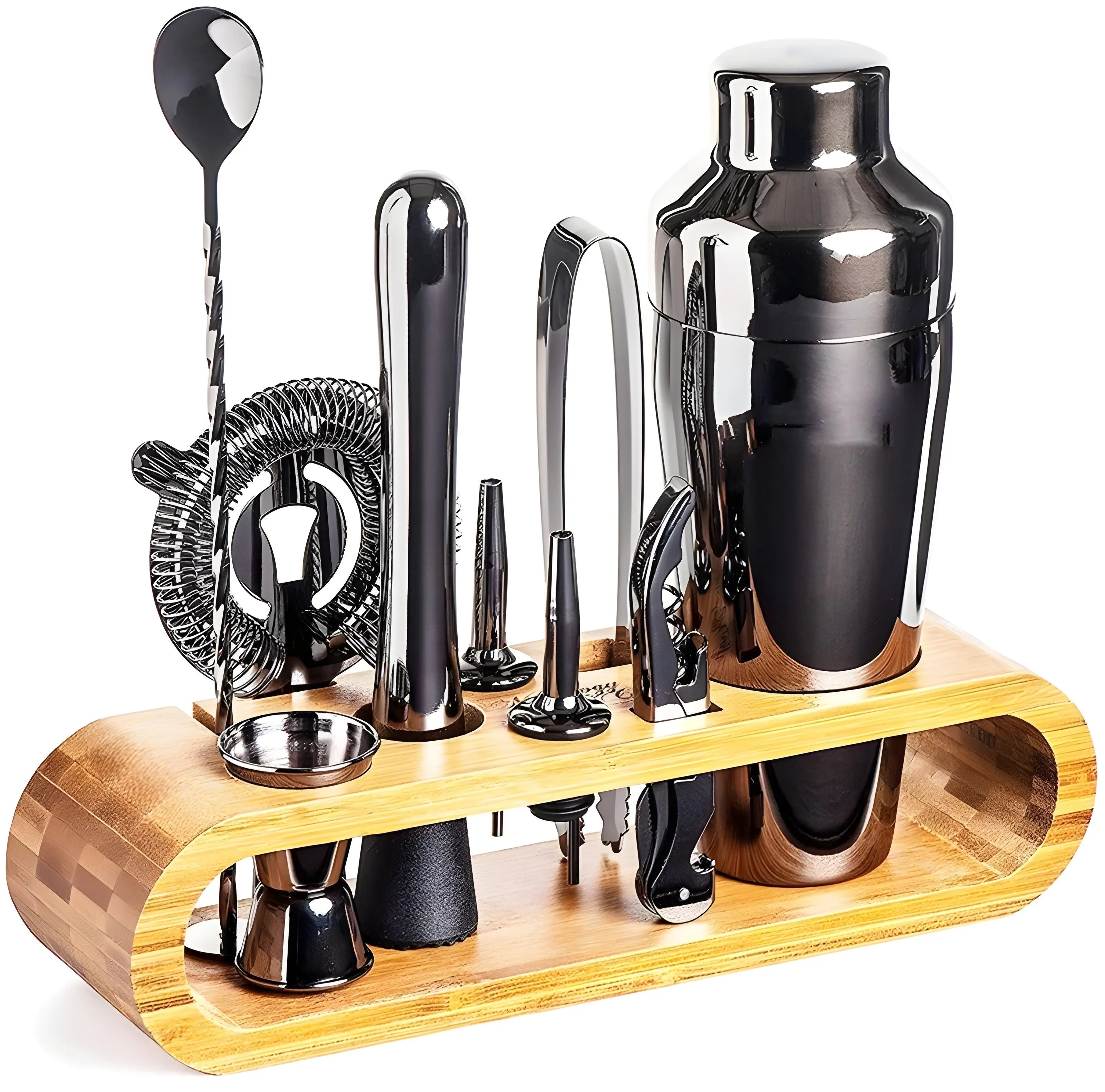 Cocktail-Set aus Edelstahl mit Bambus-Ständer