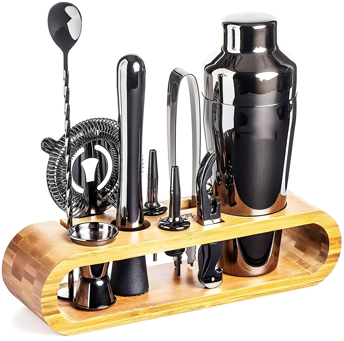Cocktail-Set mit Bambus-Ständer – 10-teilig Edelstahl