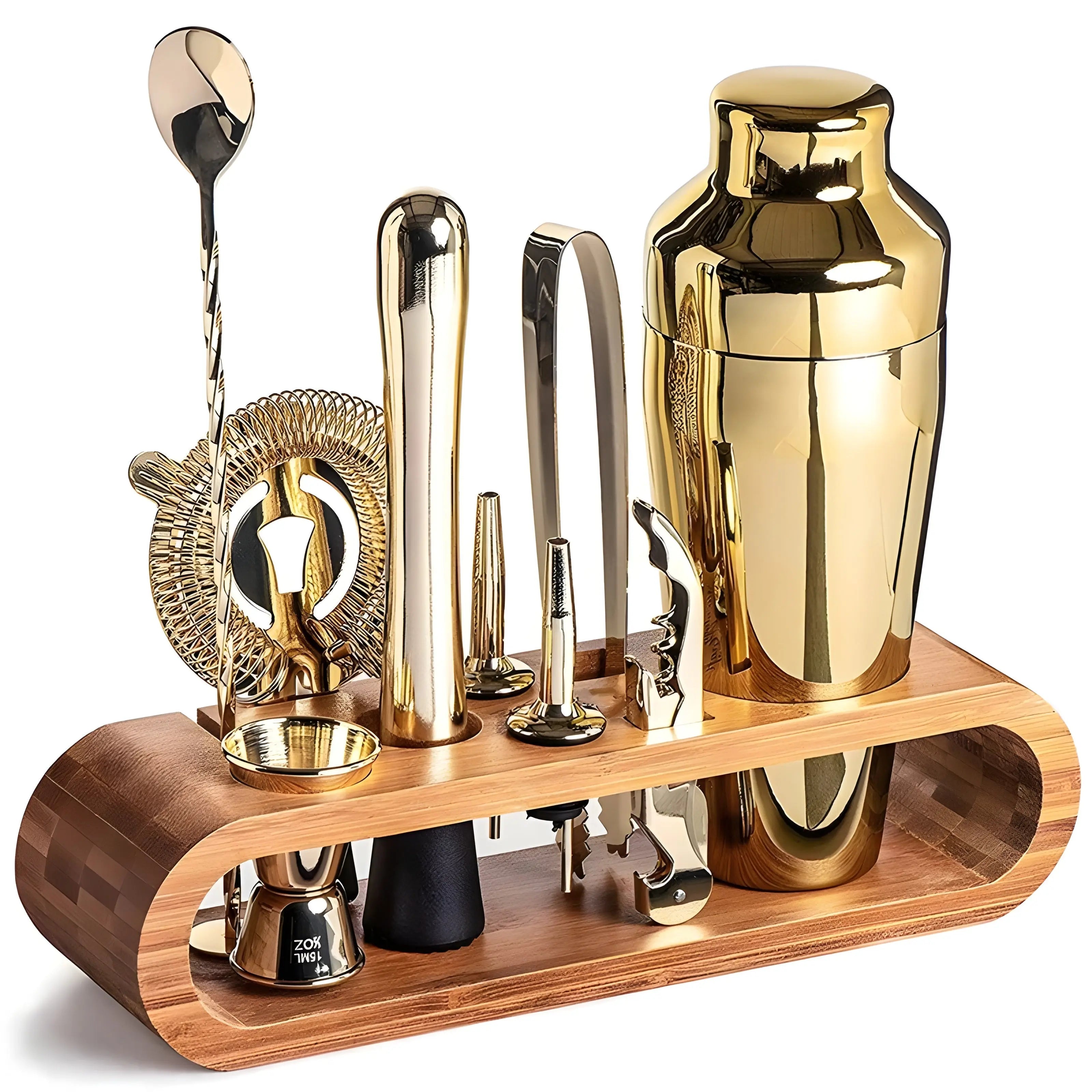Cocktail-Set aus Edelstahl mit Bambus-Ständer