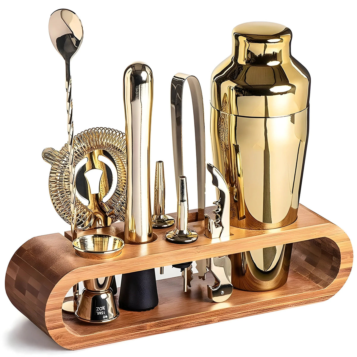 Cocktail-Set mit Bambus-Ständer – 10-teilig Edelstahl